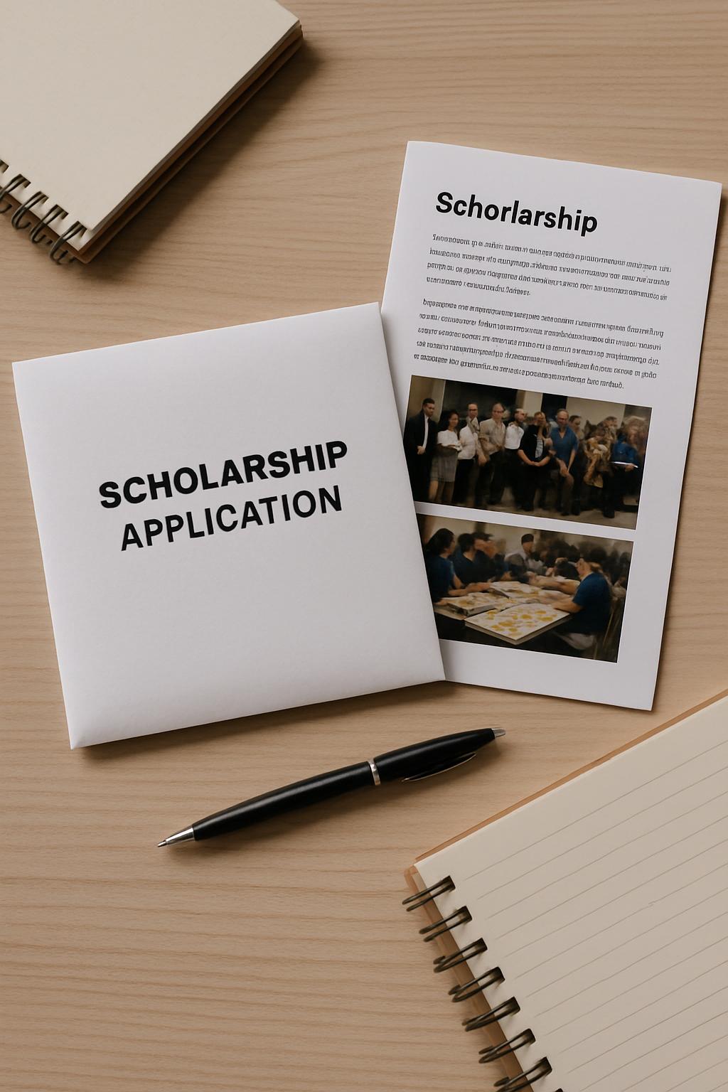 An image of a scholarship application with a notebook and pen on a wooden desk, suggesting a scholarship application proce...