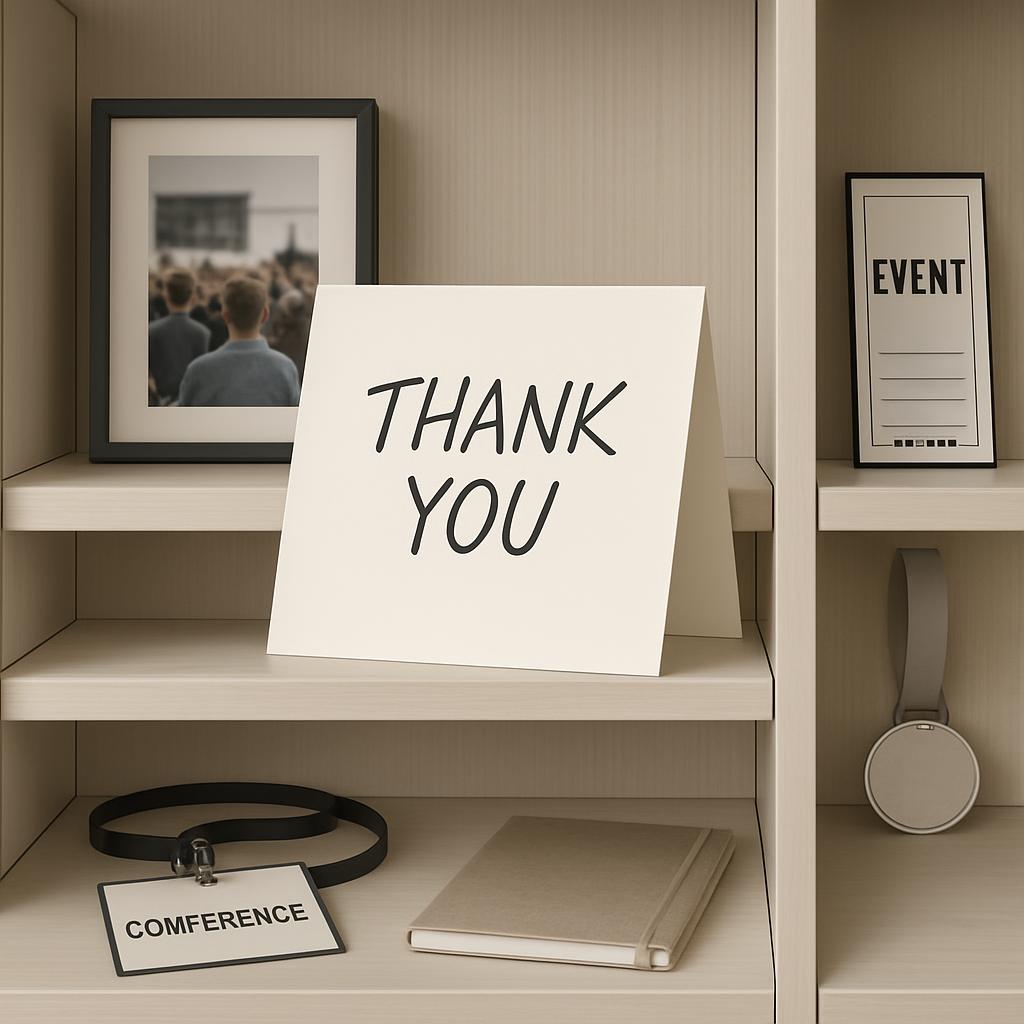 A bookshelf with various stationery items and a "Thank You" sign.