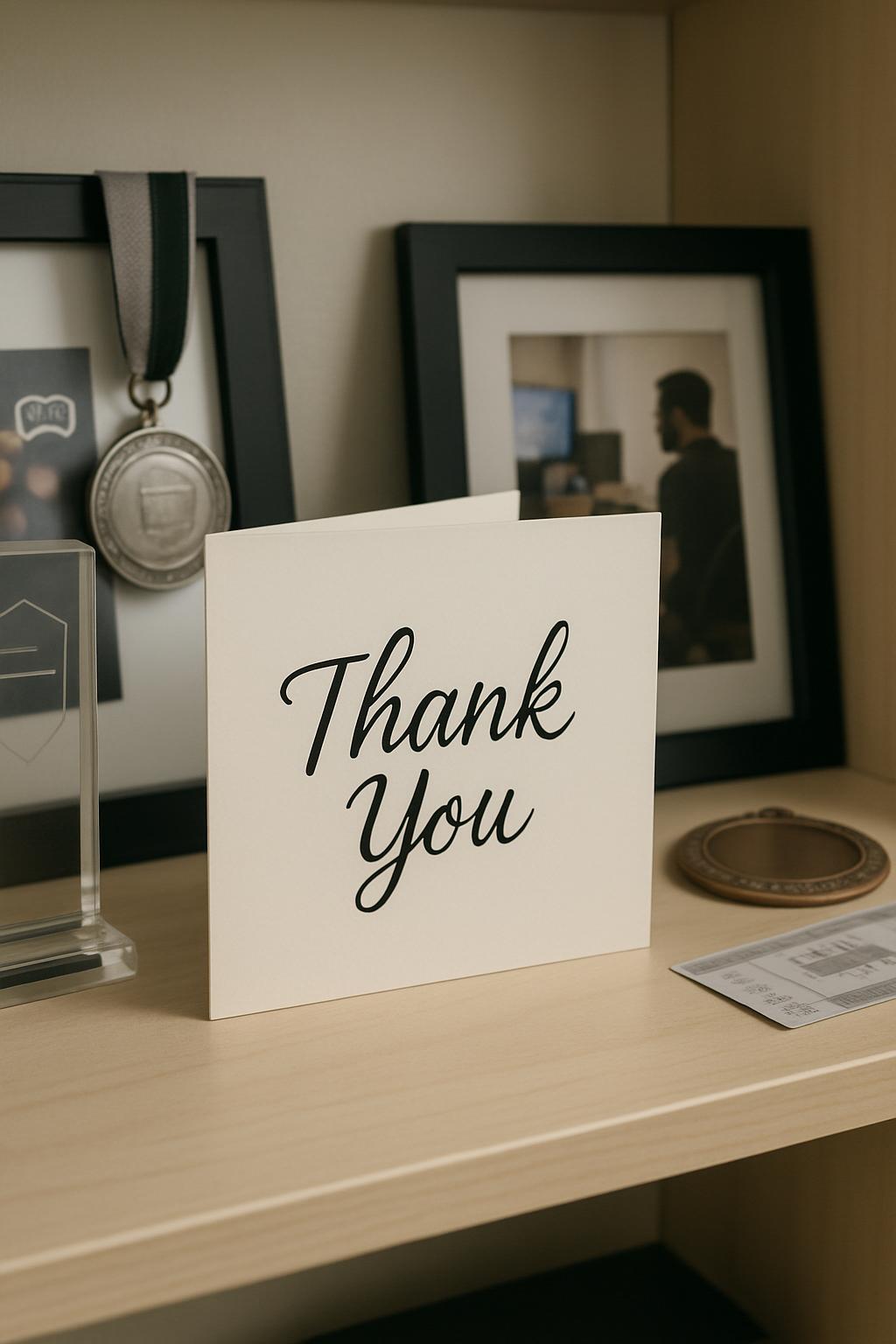 The image depicts a white card with the words 'Thank You' written on it in a corner of a shelf, alongside framed photos an...